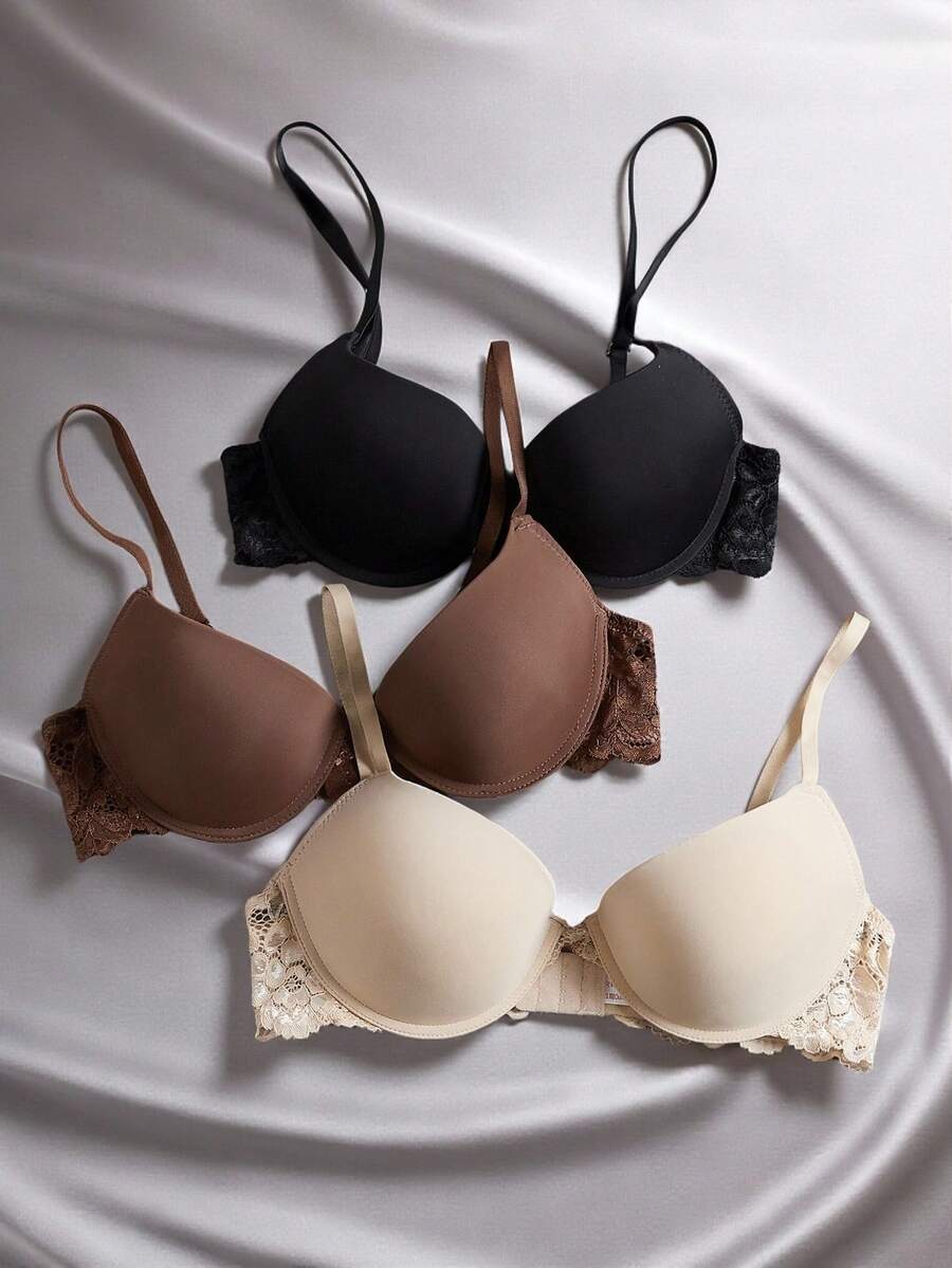 EmpressEnvy 3pack Contrast Lace Super Push Up Microfiber T-shirt Bra Set - Multicolor - View 1