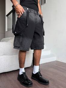 Manfinity EMRG 男士休闲街头风牛仔背带短裤 - 黑色 - 查看 4