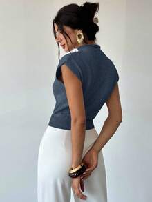 Firerie Elegant High Neck Loose Casual Versatile Sleeveless Knit Sweater Vest Going Out Tops Women,Tops For School In Fall/Winter - Blue - View 2