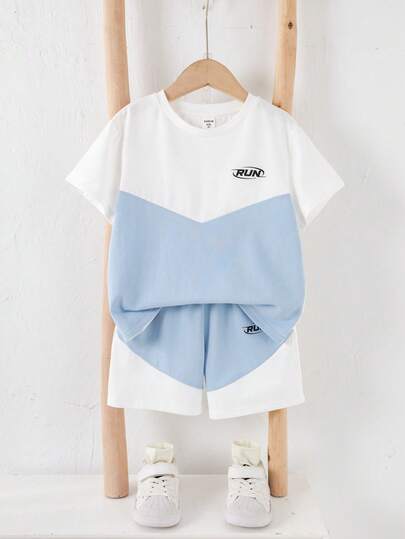SHEIN 2pcs/Set Young Boys Casual Cute Graphic Loose Fit Crew Neck Knit Top T-Shirt And Knit Shorts Set, Suitable For Spring/Summer Wear