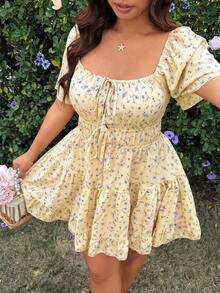 Sunnyshic 大码方领短袖碎花休闲连衣裙 - 彩色 - 查看 6