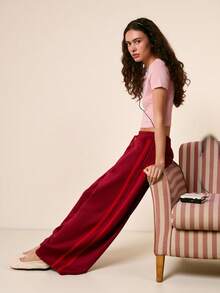 Easelle Quần ống rộng nữ màu trơn, có dây rút, kiểu dáng thoải mái và đa năng, phù hợp cho đi làm, viền đỏ tương phản, hoàn hảo cho trang phục thường ngày mùa xuân và mùa hè. Thích hợp cho ngày Valentine. - Đỏ - Xem 4