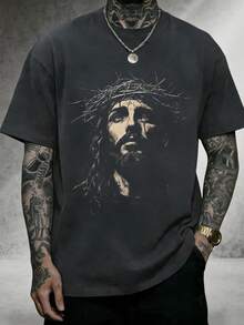 Manfinity Dauomo Men's Jesus Portrait Graphic Short Sleeve T-Shirt - Grey - View 5