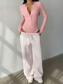 FavEase Women's Autumn/Winter Comfortable Fitted Metal Button Ribbed Knit Bodysuit - Pink - View 3