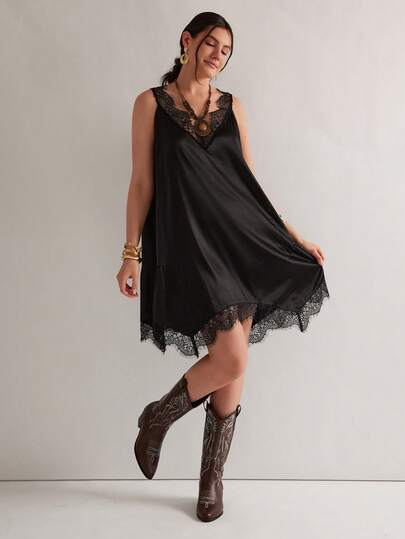 Freevana Plus Size Women Lace Patchwork Casual Vacation Date Dress