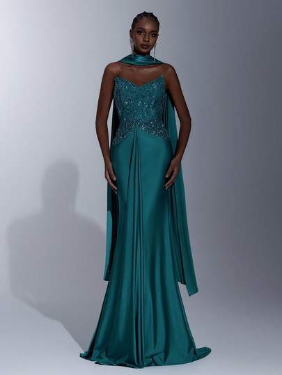 Elitara Elegant Luxury Woven Sparkling Sequin Embroidered Sequins Chiffon, Off-Shoulder Sweetheart Neck Waist Ruched Fitted Mermaid Hem Gown, Suitable For Wedding, Gala, Event, Business, Music Concert, Autumn Formal Ladies Evening Dress, Robe, Formal Dress, Mesh Robe, Formal Dress