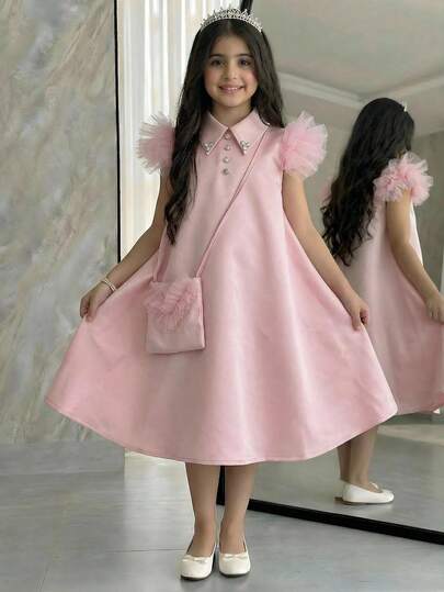 SHEIN Tween Girl Lös Elegant Strassdekorerad Meshklänning med Puffärm och Väska