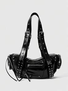 ROMWE Grunge Punk 铆钉单肩包，Y2K 火车包，黑色多口袋斜挎包。 - 黑色 - 查看 1