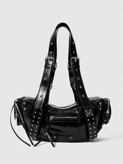 ROMWE Grunge Punk 铆钉单肩包，Y2K 火车包，黑色多口袋斜挎包。