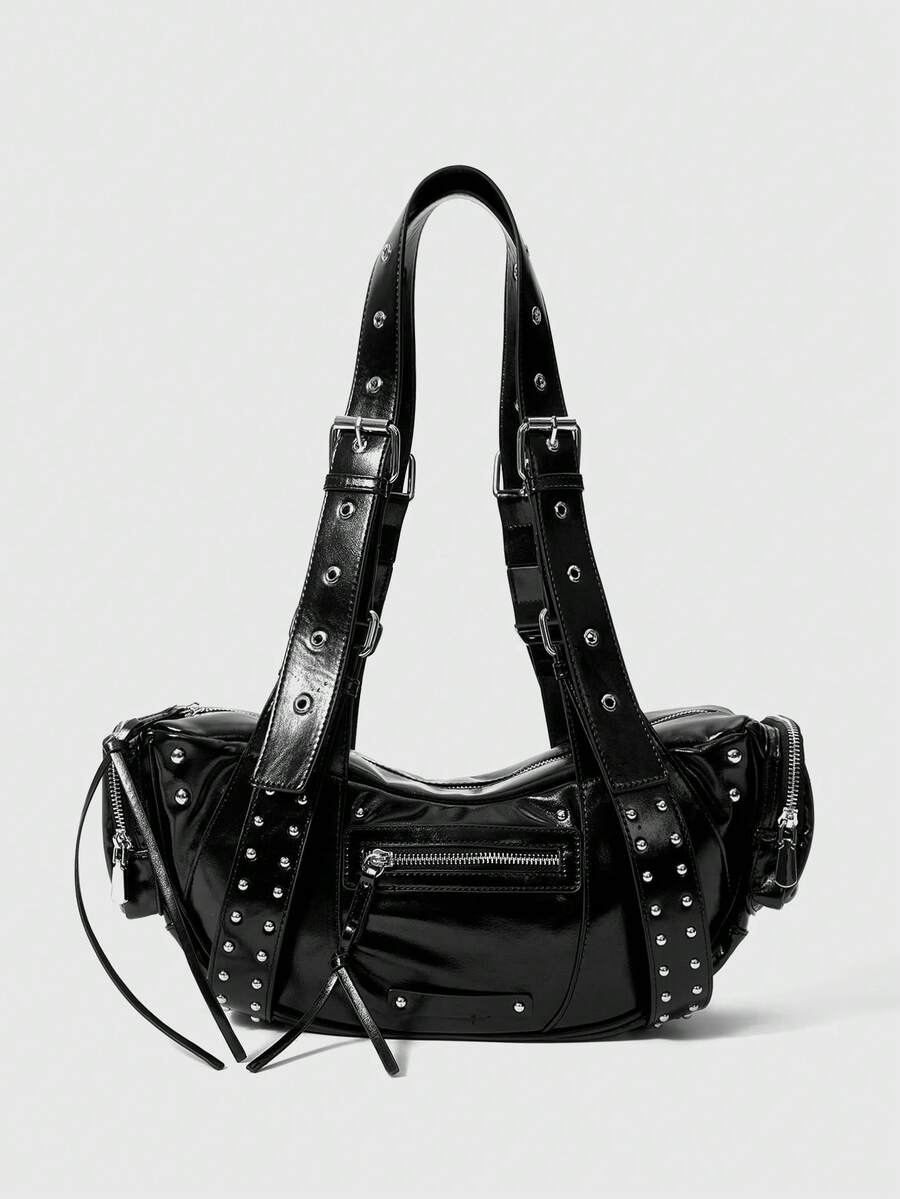 ROMWE Grunge Punk 铆钉单肩包，Y2K 火车包，黑色多口袋斜挎包。 - 黑色 - 查看 1
