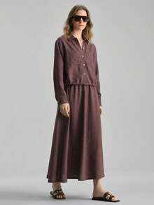 Ontre 2026春夏新款女士梭织面料情人节及婚礼季简约优雅办公衬衫半裙两件套 - 咖啡棕 - 查看 4