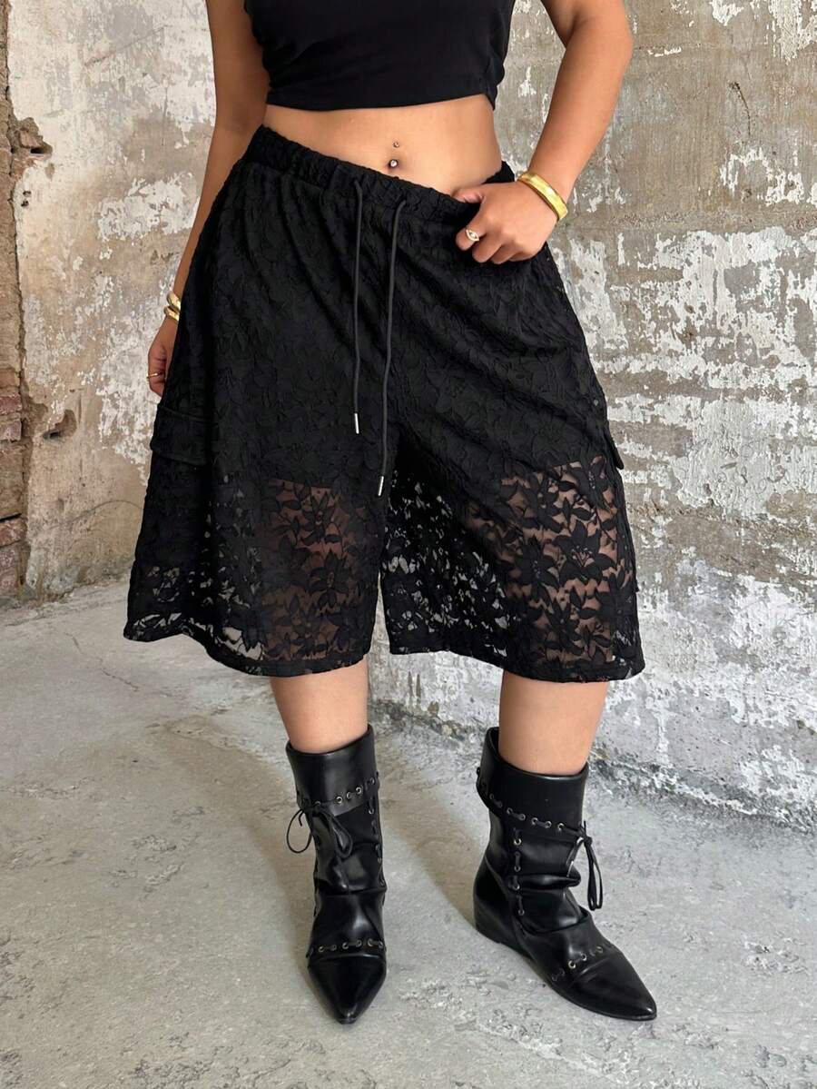 Sunspun Plus Size Y2K Sporty Casual Lace Loose Shorts, Spring/Summer - Black - View 1