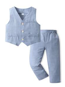 2pcs Young Boy Gentleman Outfit,Summer Traditional Wedding Fashionable Waistcoat Vest And Slant Pocket Pants,Birthday Party Halloween Prom Outfit - Blue - View 4