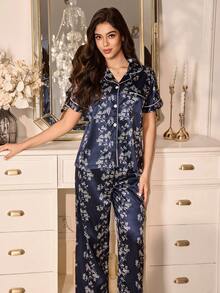 LuxeNights Floral Print Short Sleeve Pajama Set With Lapel And Button, Faux Silk Sleepwear - Navy Blue - View 4