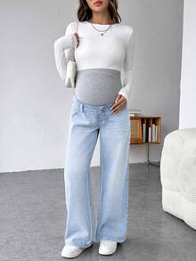 SHEIN 孕妇休闲宽松直筒牛仔裤，腰带拼接设计 - 淺色水洗藍 - 查看 3