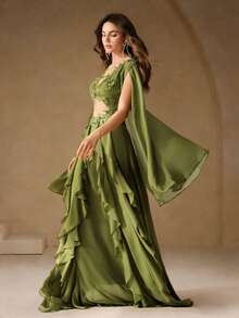 Anewsta 女士春夏新款绿色森林风法式刺绣贴花喇叭袖层叠荷叶边下摆优雅长裙 - 綠色 - 查看 1