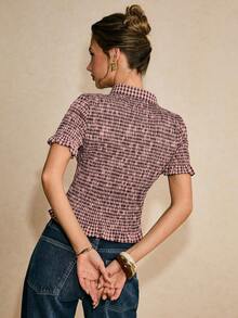 Poéselle Women's Plaid Cardigan Shirt With Ruffled Elastic Sleeves - Dusty Pink - View 2