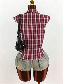 Mistrie 女士格子不对称下摆时尚百搭派对短袖衬衫 - 彩色 - 查看 8