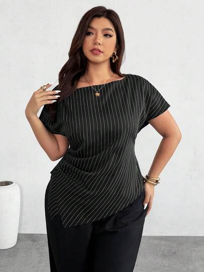 Firerie Casual Elegant Plaid Asymmetric Hem Blouse, Suitable For Commuting, Everyday Casual, And Fashionable Business Wear/Fall Clothes For Women / Back To School / Teacher Outfits For Women/Going Out Tops/Tops For Going Out /Business Casual Woman/Striped Shirt/ Business Casual Women/Teacher Shirts