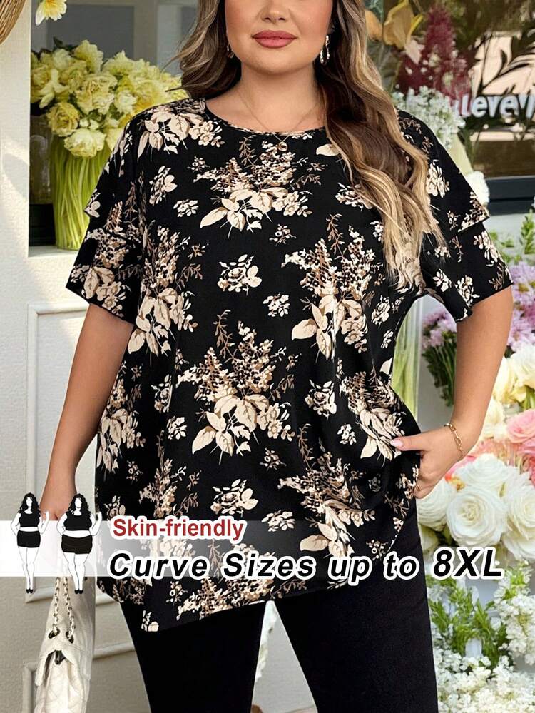 SHEIN CURVE+ Damen Große Größen Bluse mit Blume Muster und doppelter Ärmellage, elegante Sommerbluse für Frauen, süße Shirts, Sommerbluse - Verschiedenfarbig - Übersicht 1