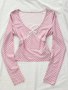 Elamini 女士深V领黑白波点印花长袖T恤，优雅修身休闲通勤款，适合返校季和教师穿着，秋冬季可爱粉色长袖上衣粉色波点上衣波点上衣 - 粉色 - 查看 1