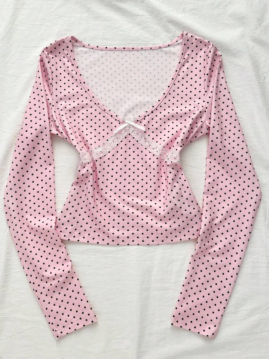 Elamini 女士深V领黑白波点印花长袖T恤，优雅修身休闲通勤款，适合返校季和教师穿着，秋冬季可爱粉色长袖上衣粉色波点上衣波点上衣 - 粉色 - 查看 1