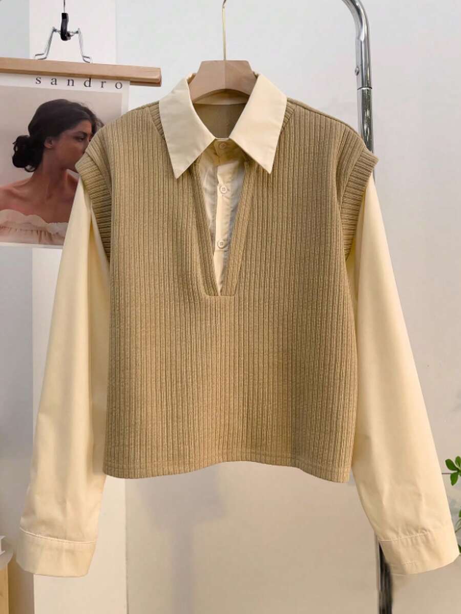 INAWLY Women's Casual Color Block Patchwork 2 In 1 Shirt - Khaki - View 1