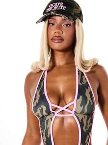 SUMWON WOMEN Halter Neck Cut Out Camouflage One Piece Swimsuit With Contrast Trim And Backless Design Summer Beach Monokini - Army Green - View 5