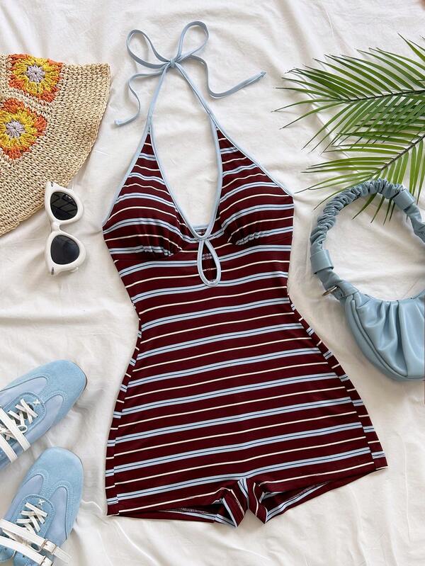 Soleia New Multicolor Striped Halter Backless Mini Jumpsuit, Suitable For Vacation, Autumn/Winter Layering, Halloween, New Year, Carnival, Party, Date, Afternoon Tea, Beach, Versatile