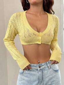 SHEIN EZwear Áo cardigan ngắn tay dài màu vàng kem cho nữ, kiểu trễ vai, áo len dài tay, áo len trễ vai, thích hợp cho mùa xuân/hè. - Màu vàng - Xem 6