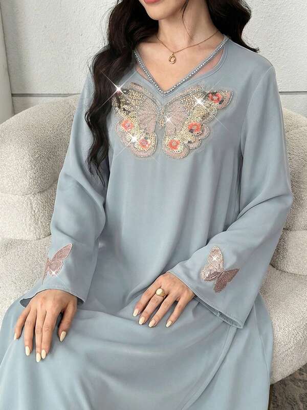 SHEIN Elegant Sequin Embroidered Butterfly Abaya Dress For Teen Girls Muslim Women Dress Abaya Dress Women Dusty Blue Dress Modest Dress Maxi Dress Abaya For Women Long Sleeve Abaya Sequin Abaya
