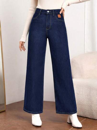 SHEIN Essnce Women's Solid Color Slant Pocket Applique Elegant Straight Leg Jeans