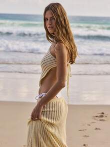 Aralina 2 Piece Set Crochet Summer Spring Swim Vacation Beach One Shoulder Top Assymetric Tube Maxi Skirt Sheer Sexy Two Piece Set - Yellow - View 8