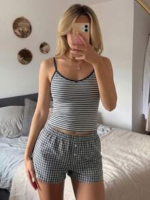 DAZY Women's Striped Camisole Top And Plaid Shorts Pajama Set, Casual Summer Loungewear - Blue - View 3