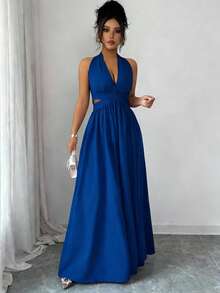 Rafferiza 优雅无袖V领露腰设计褶皱连衣裙，紫色，春夏新品，女士优雅长裙 - 寶藍色 - 查看 5