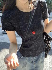 DAZY Women's Casual Distressed Washed Round Neck T-Shirt, Spring/Summer - Black - View 7