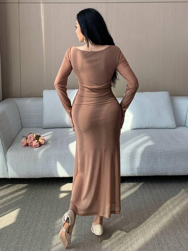 Women's Elegant Solid Color Asymmetric Shoulder Ruched Slit Midi Dress, Spring/Summer Wedding Guest Dress Sundress