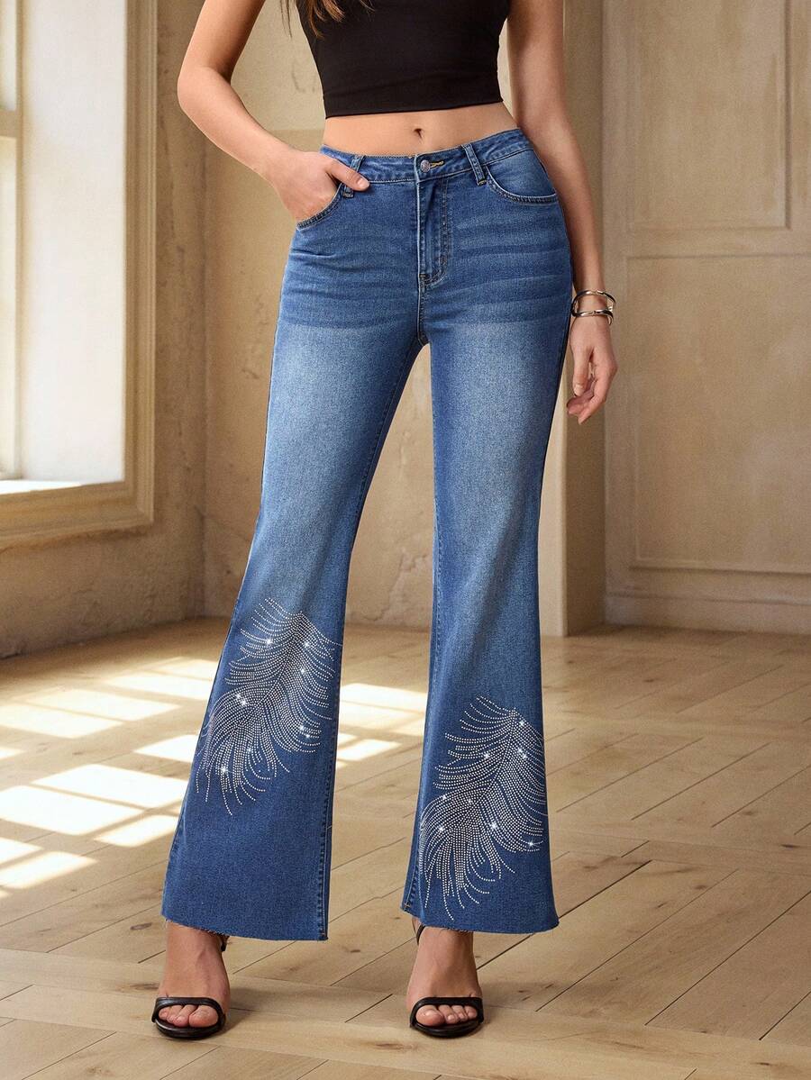 Selenza Women's Casual Fashion Daily Commute Rhinestone Embellished Flare Jeans - Medium Wash - View 1