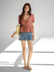 Ardnt 时尚性感V领格纹荷叶边泡泡袖系带上衣，甜美情人节设计，春夏新品，少女学院风女装 - 紅色 - 查看 3