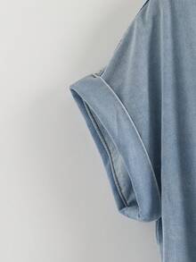 Rusticease 女士短袖单排扣休闲牛仔衬衫 - 藍色 - 查看 5