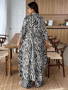 Weeklong Plus Size Women Zebra Print 3/4 Sleeve Long Shirt And Wide Leg Pants Loose 2 Pieces Set - Black and White - View 2