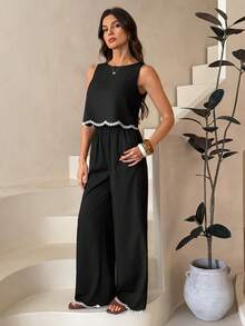SHEIN Tall 女士时尚度假休闲撞色蕾丝边吊带背心上衣和裤子两件套，四季皆宜，黑色套装，无袖上衣和裤子两件套，秋季女装，商务休闲女装，阔腿裤两件套，蕾丝波浪边衬衫夏季休闲黑色 - 黑色 - 查看 6