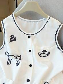 Nubod Plus Size Women Animal Print Pocket Elegant Sleeveless Shirt White Vest Cute Vest Sleeveless Top Button-Down Vest Embroidered Vest - White - View 4