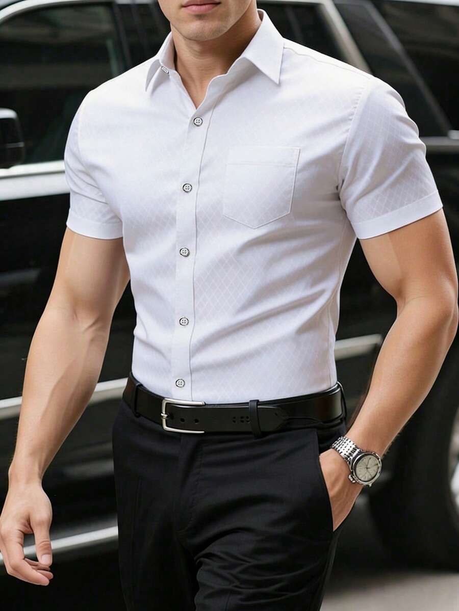 Manfinity Mode 男士夏季商务休闲前扣格子短袖衬衫 - 白色 - 查看 1