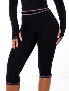 SUMWON WOMEN Contrast Stitching Two Piece Set With Script Long Sleeve Top And Capri Leggings Loungewear Co Ord Fall Winter Outfit - Black - View 7