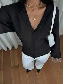 Siren Gaze Women's Solid Color Button-Up Fitted Waist Knit Cardigan, Casual Everyday Wear, Autumn/Winter - Black - View 6