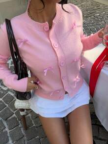 Muchica 女士粉色针织开衫，带蝴蝶结 - 粉色 - 查看 5