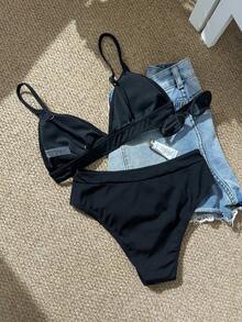 Swim Basics Summer Beach Rib Triangle High Waisted Bikini - Black - View 4