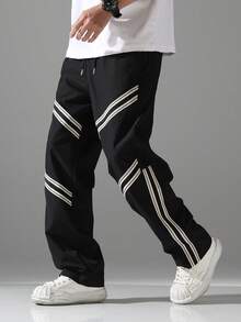 Manfinity Hypemode 男士条纹抽绳腰带口袋休闲直筒裤 - 黑色 - 查看 5