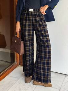 Aidyla Women's Plaid Brushed Elastic Waist Casual Loose Pants, Autumn Plaid Pants Women Pants Casual Casual Checkered Pants Plaid Check Trousers Checkered Pants - Multicolor - View 1